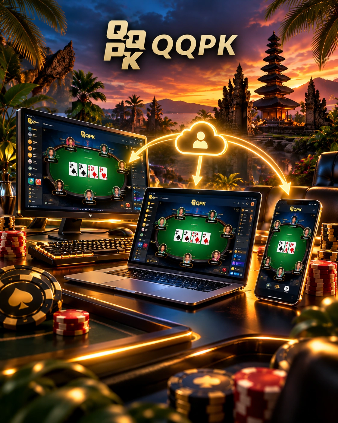 QQPoker poker on desktop, laptop and Android smartphone with synchronized gameplay across all devices.