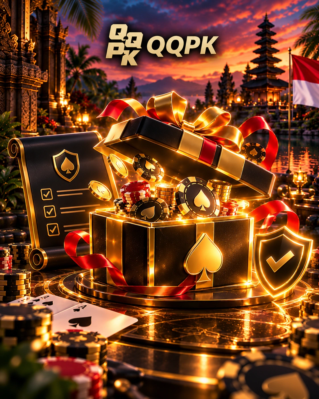 QQPoker Bonus Policy with a gift box, poker chips, bonus terms, security shield and reward elements.