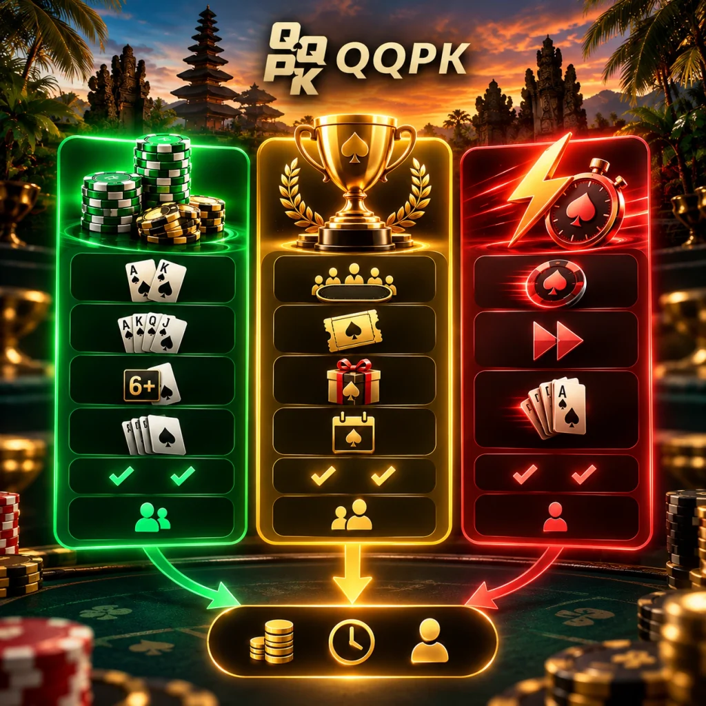 QQPoker game formats with cash games, tournaments and fast poker options for players in Indonesia.