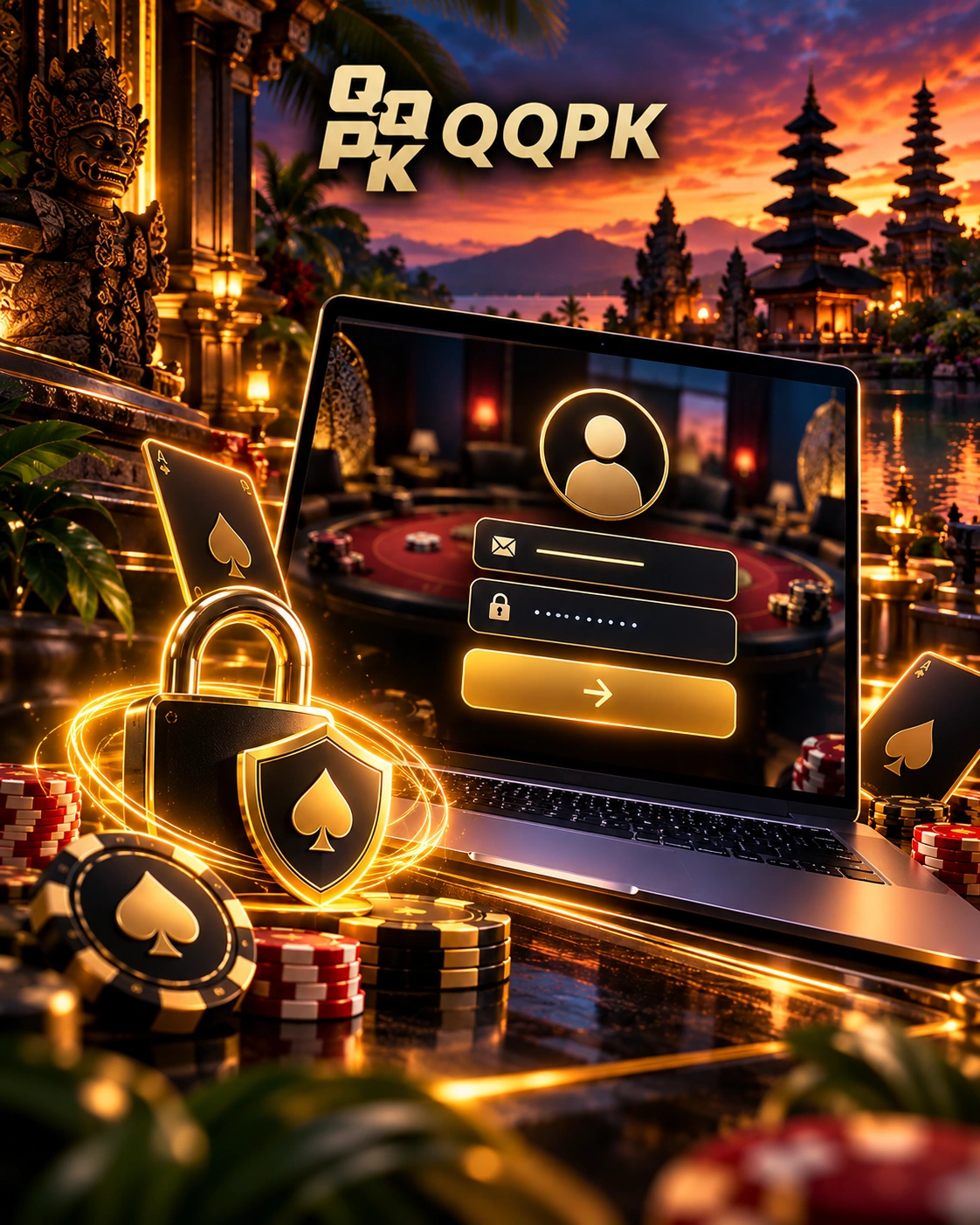 QQPoker login page with secure account access, password fields, lock and shield icons in a luxury poker setting.